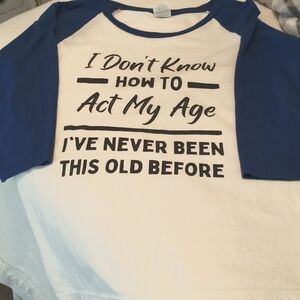 Baseball style tee, blue & white, size L